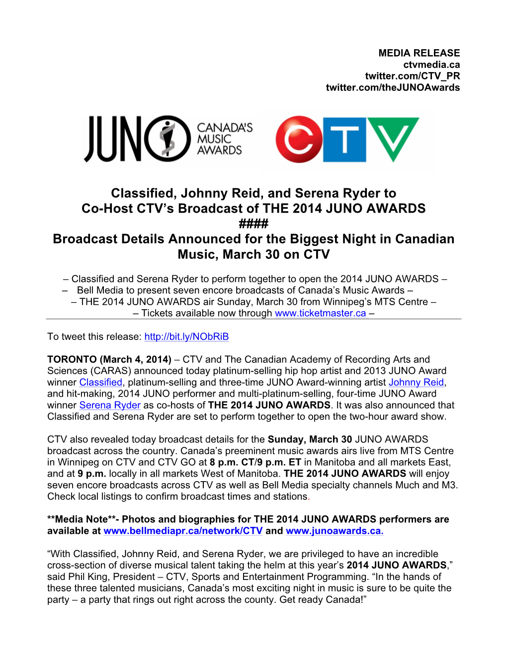 Classified, Johnny Reid, and Serena Ryder to Co-Host CTV's Broadcast