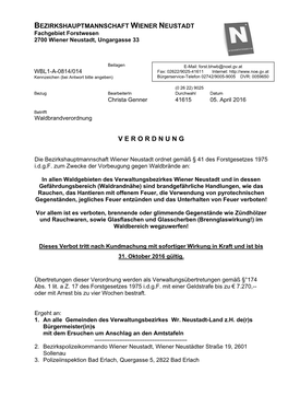 BEZIRKSHAUPTMANNSCHAFT WIENER NEUSTADT Fachgebiet Forstwesen 2700 Wiener Neustadt, Ungargasse 33