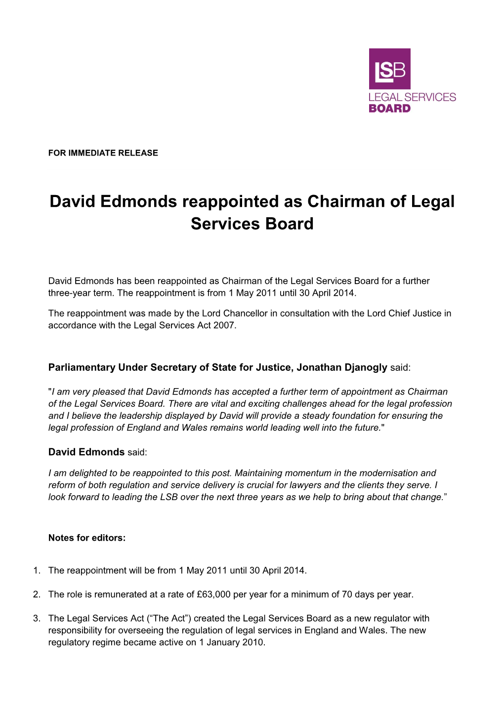 David Edmonds Reappointed As Chairman of Legal Services Board