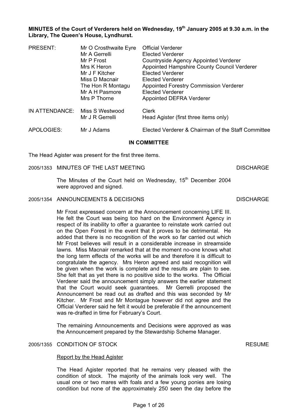 MINUTES of the Court of Verderers Held on 19Th January 2005