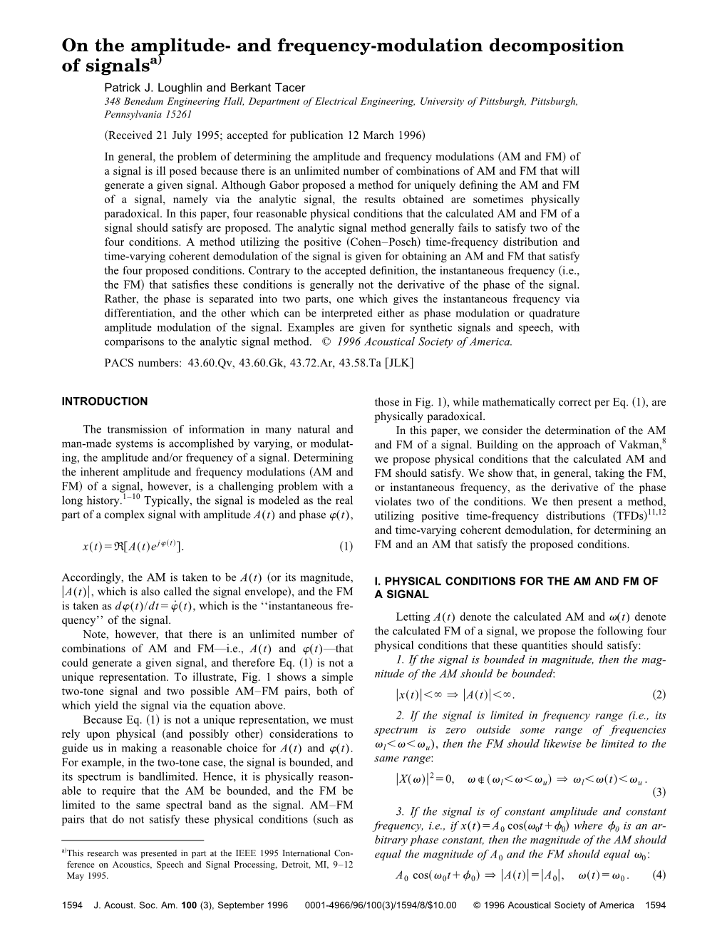 On the Amplitude- and Frequency-Modulation Decomposition of Signalsa) Patrick J