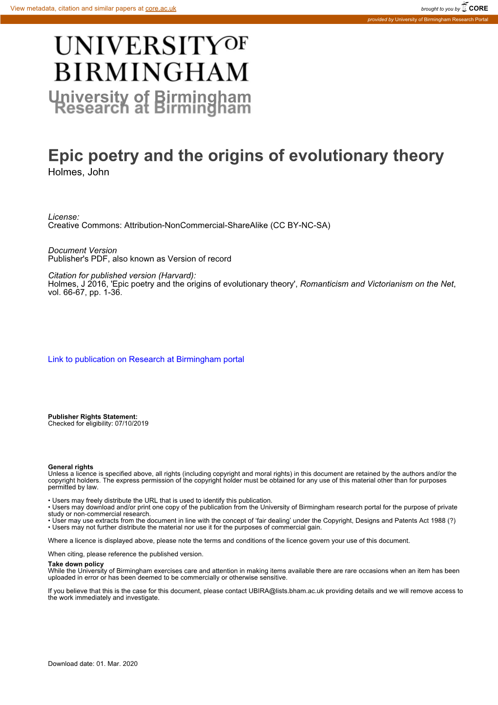 University of Birmingham Epic Poetry and the Origins of Evolutionary Theory