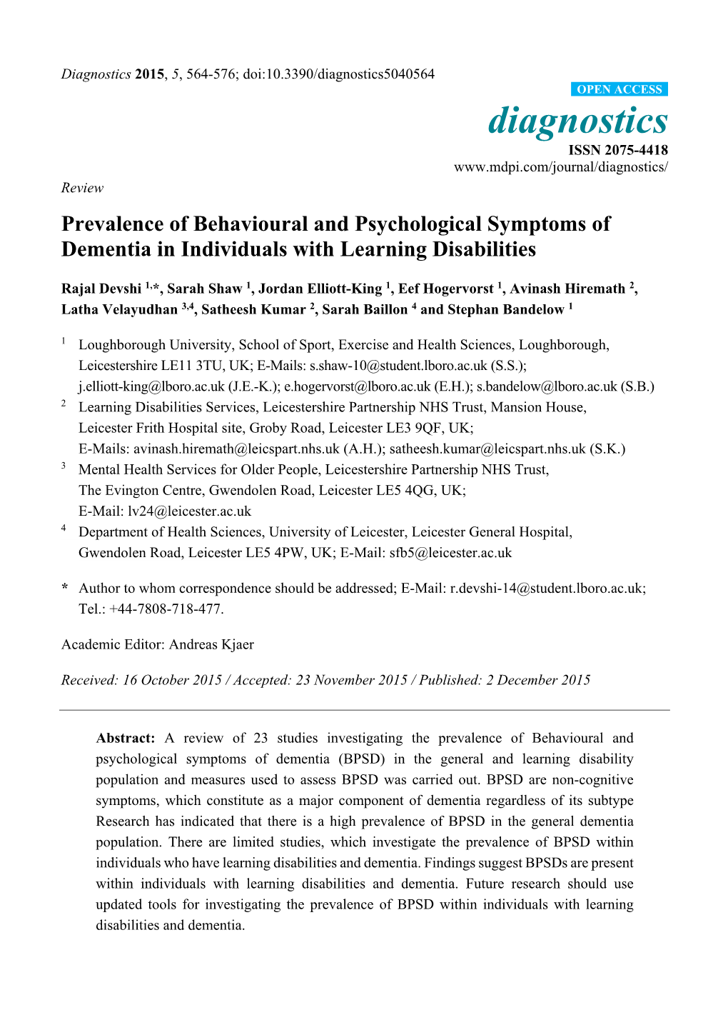 Prevalence of Behavioural and Psychological Symptoms of Dementia in Individuals with Learning Disabilities