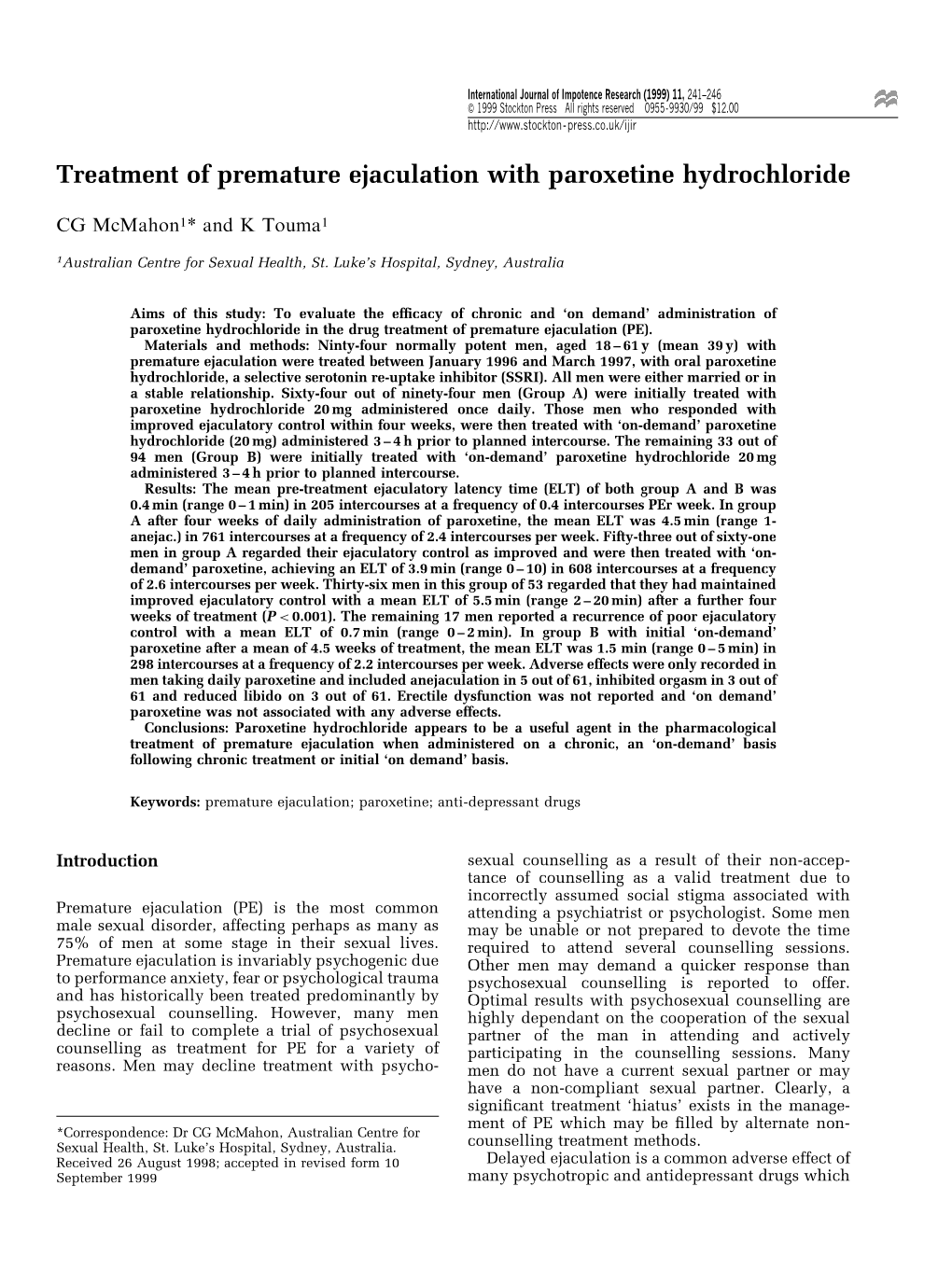 Treatment of Premature Ejaculation with Paroxetine Hydrochloride