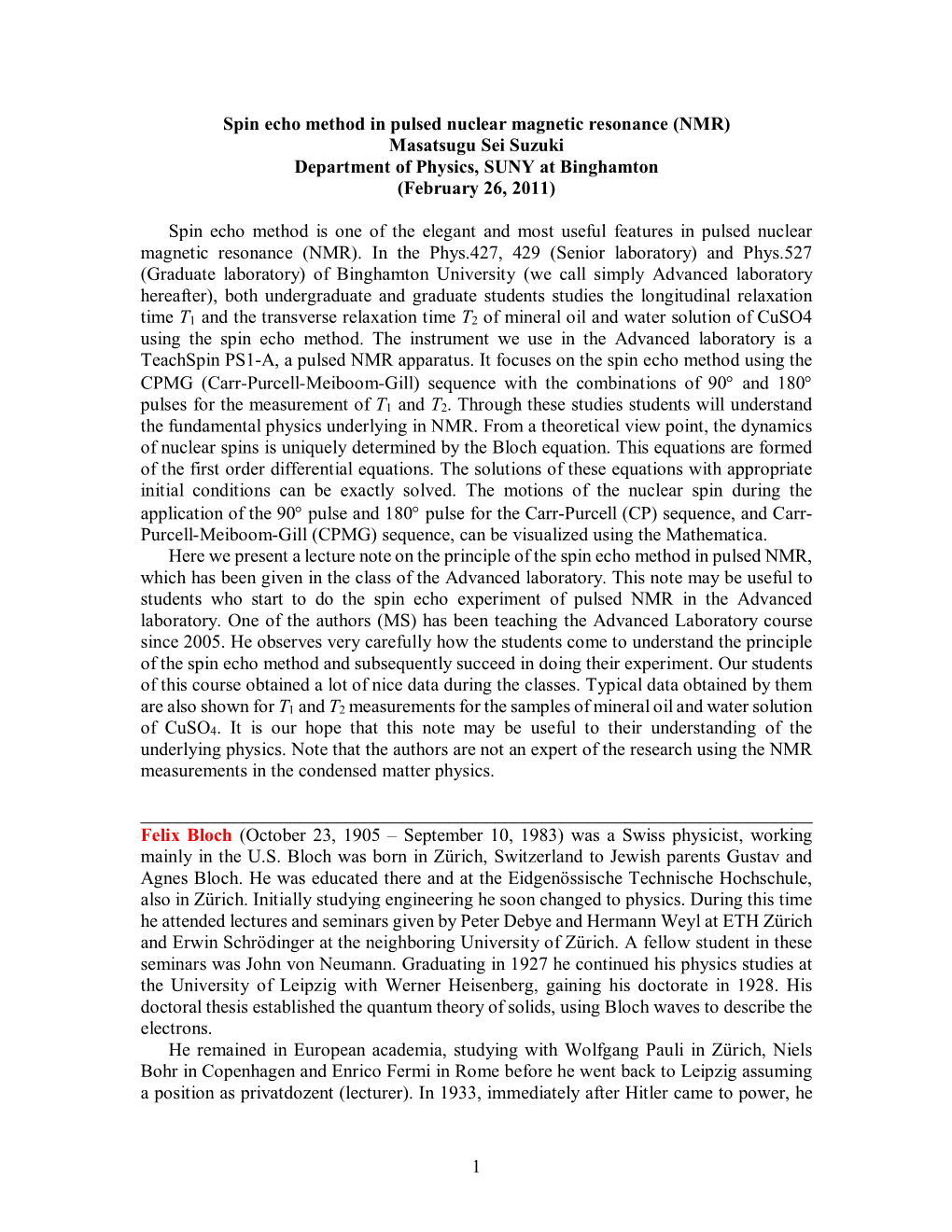 1 Spin Echo Method in Pulsed Nuclear Magnetic Resonance (NMR