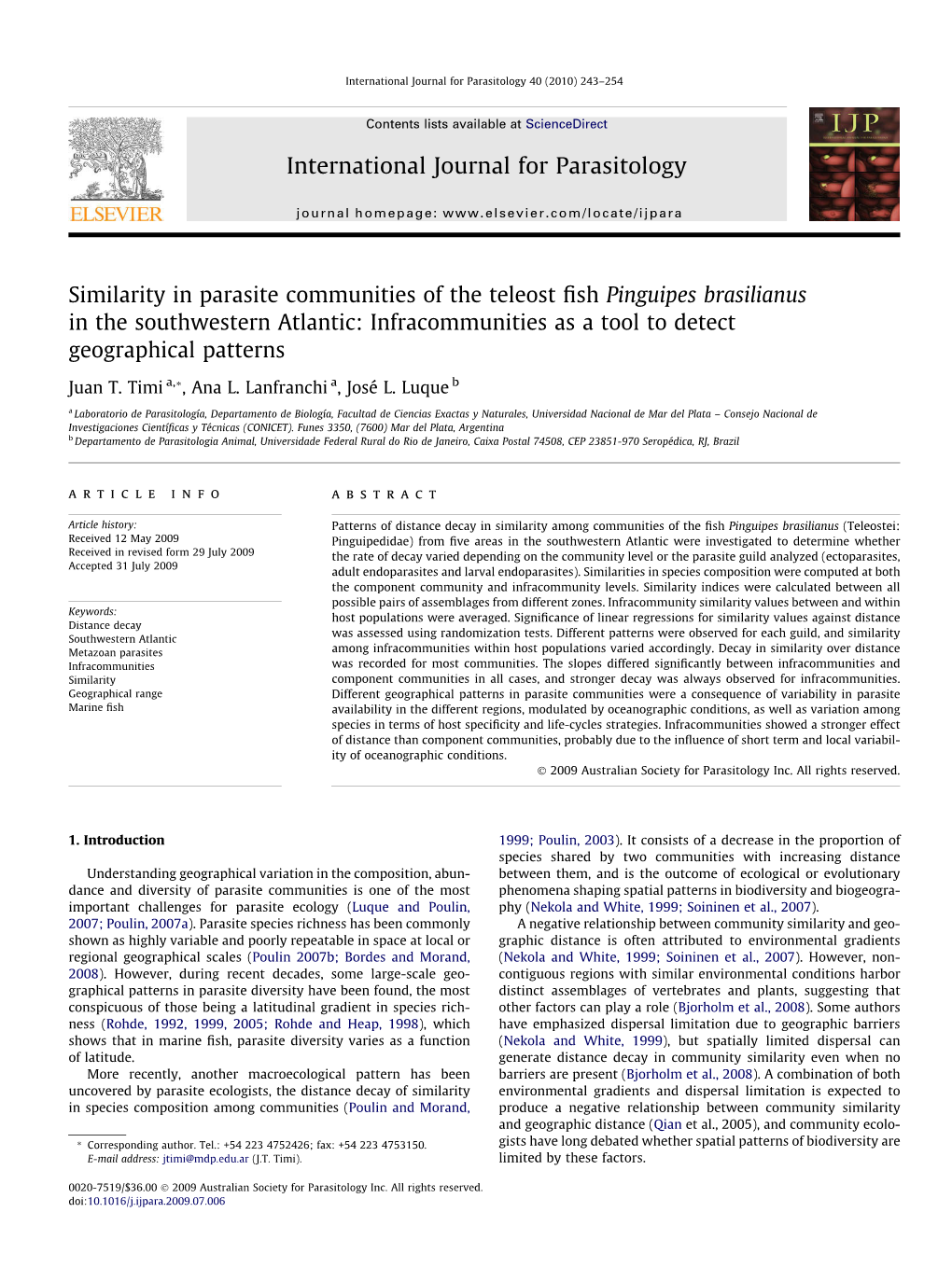 Similarity in Parasite Communities of the Teleost Fish Pinguipes