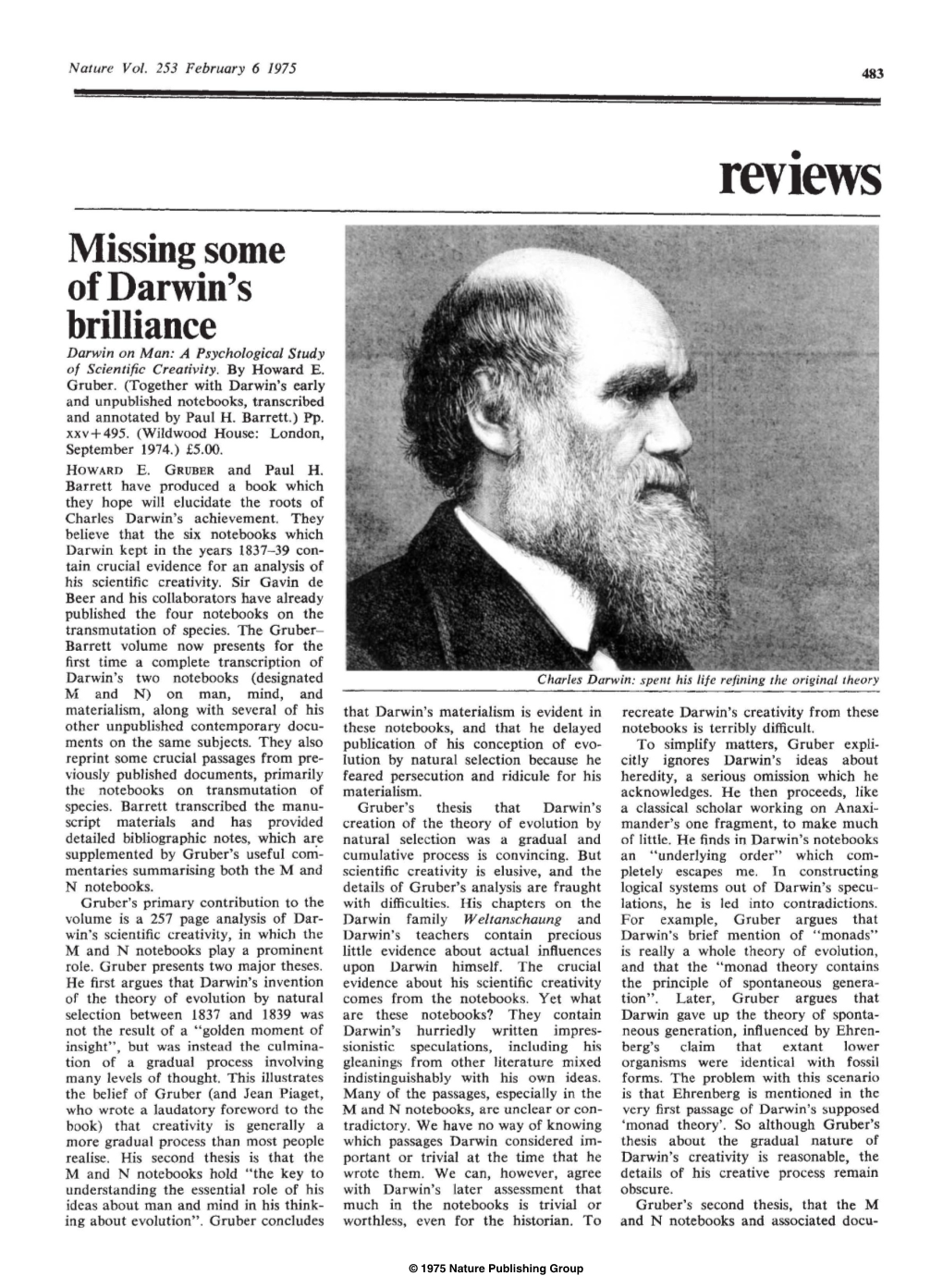Reviews• Missing Some of Darwin's Brilliance Darwin on Man: a Psychological Study of Scientific Creativity