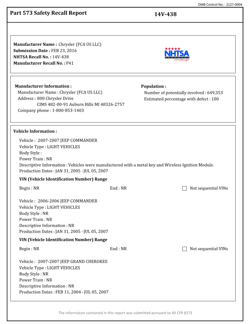 Part 573 Safety Recall Report 14V-438