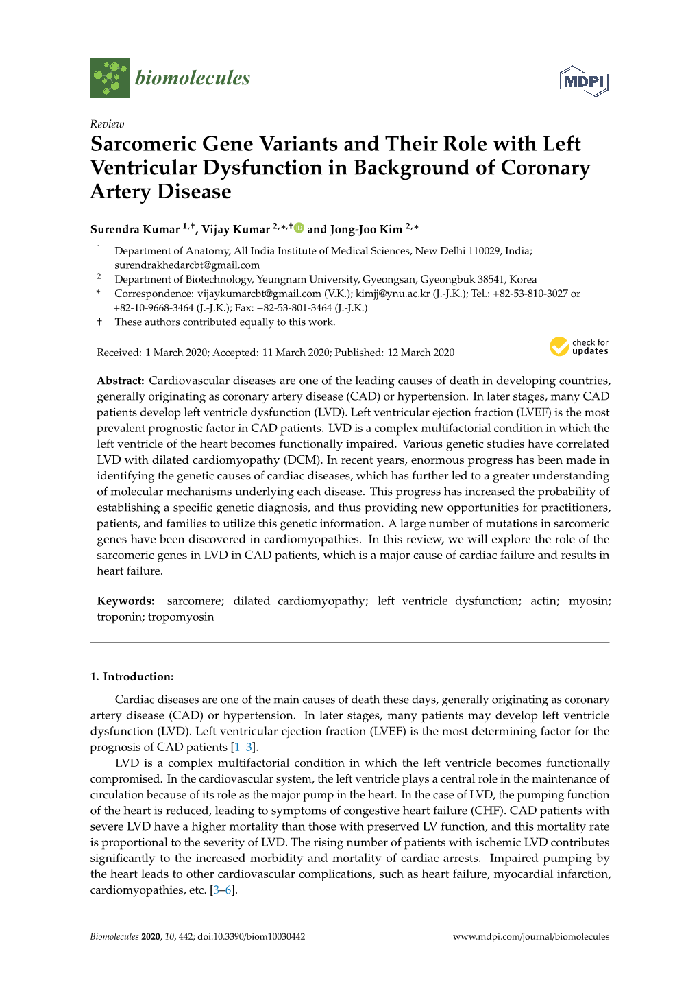 Sarcomeric Gene Variants and Their Role with Left Ventricular Dysfunction in Background of Coronary Artery Disease