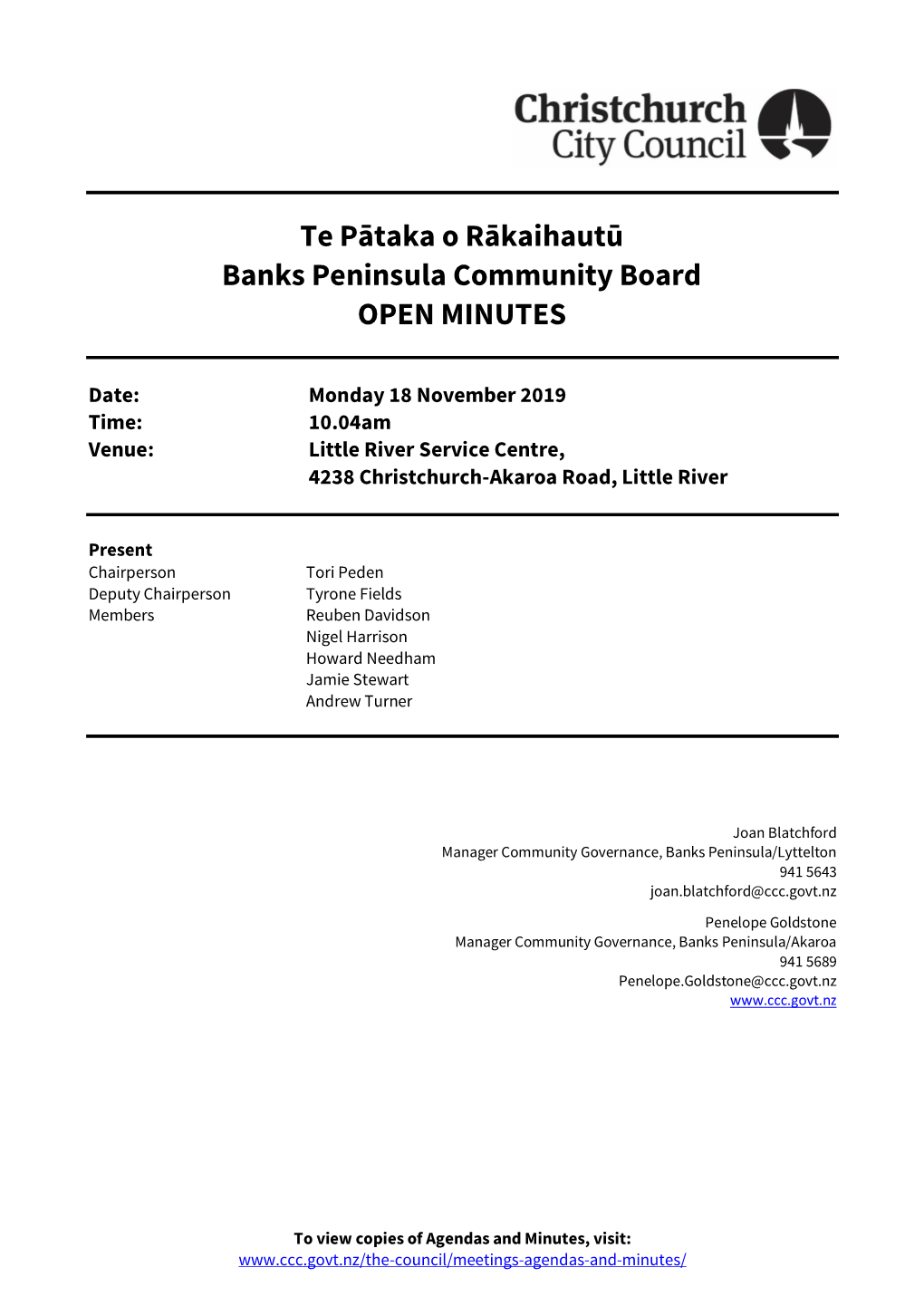 18 November 2019 Time: 10.04Am Venue: Little River Service Centre, 4238 Christchurch-Akaroa Road, Little River