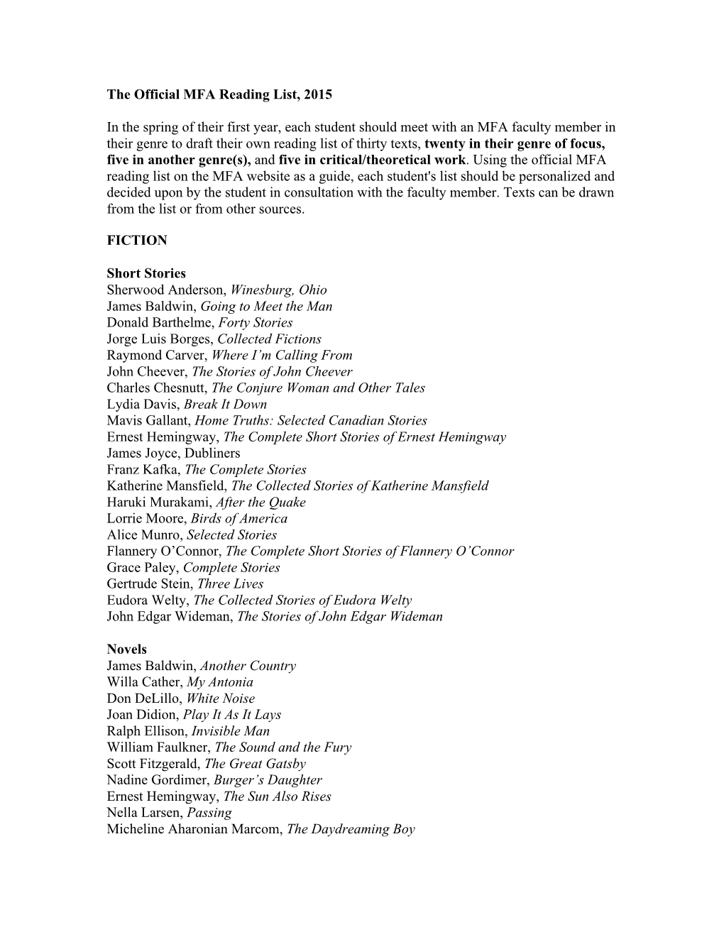 The Official MFA Reading List, 2015 in the Spring of Their First Year, Each