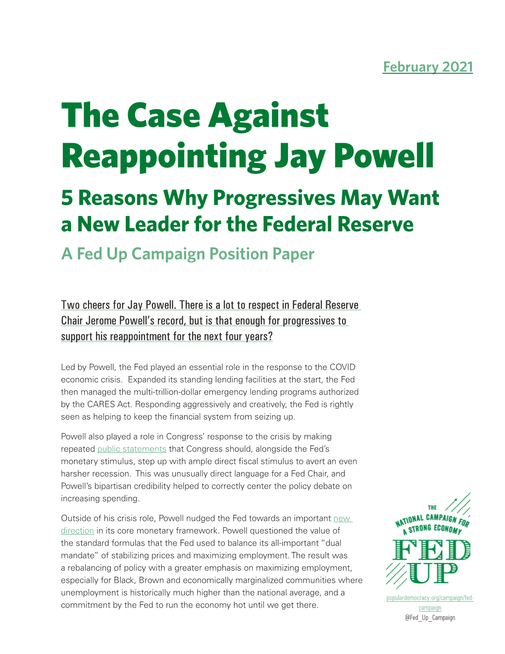 The Case Against Reappointing Jay Powell 5 Reasons Why Progressives May Want a New Leader for the Federal Reserve a Fed up Campaign Position Paper
