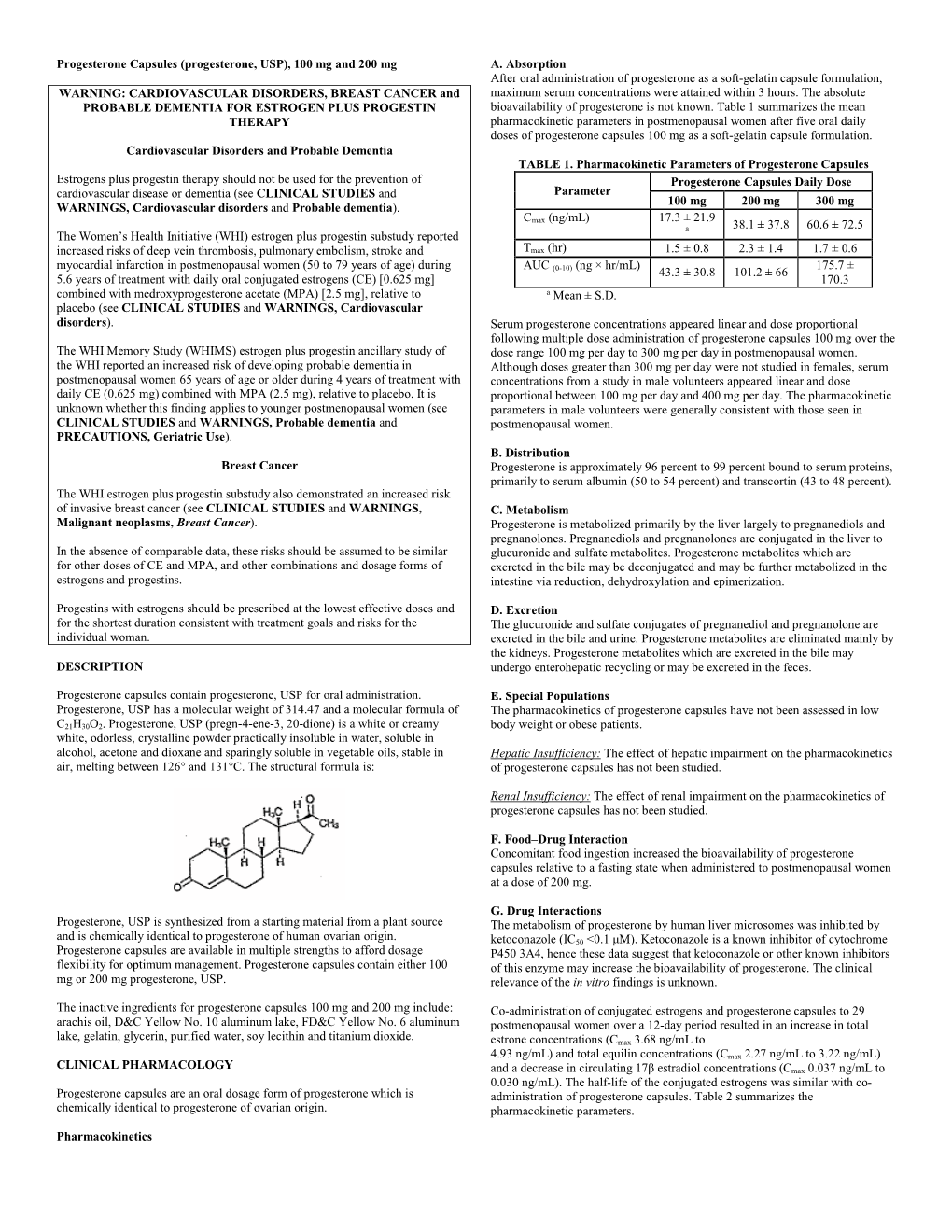 (Progesterone, USP), 100 Mg and 200 Mg WARNING