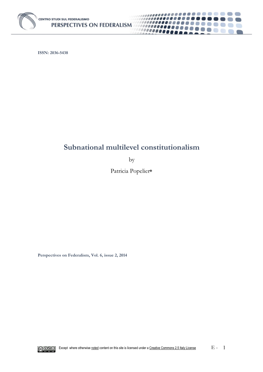 Subnational Multilevel Constitutionalism by Patricia Popelier