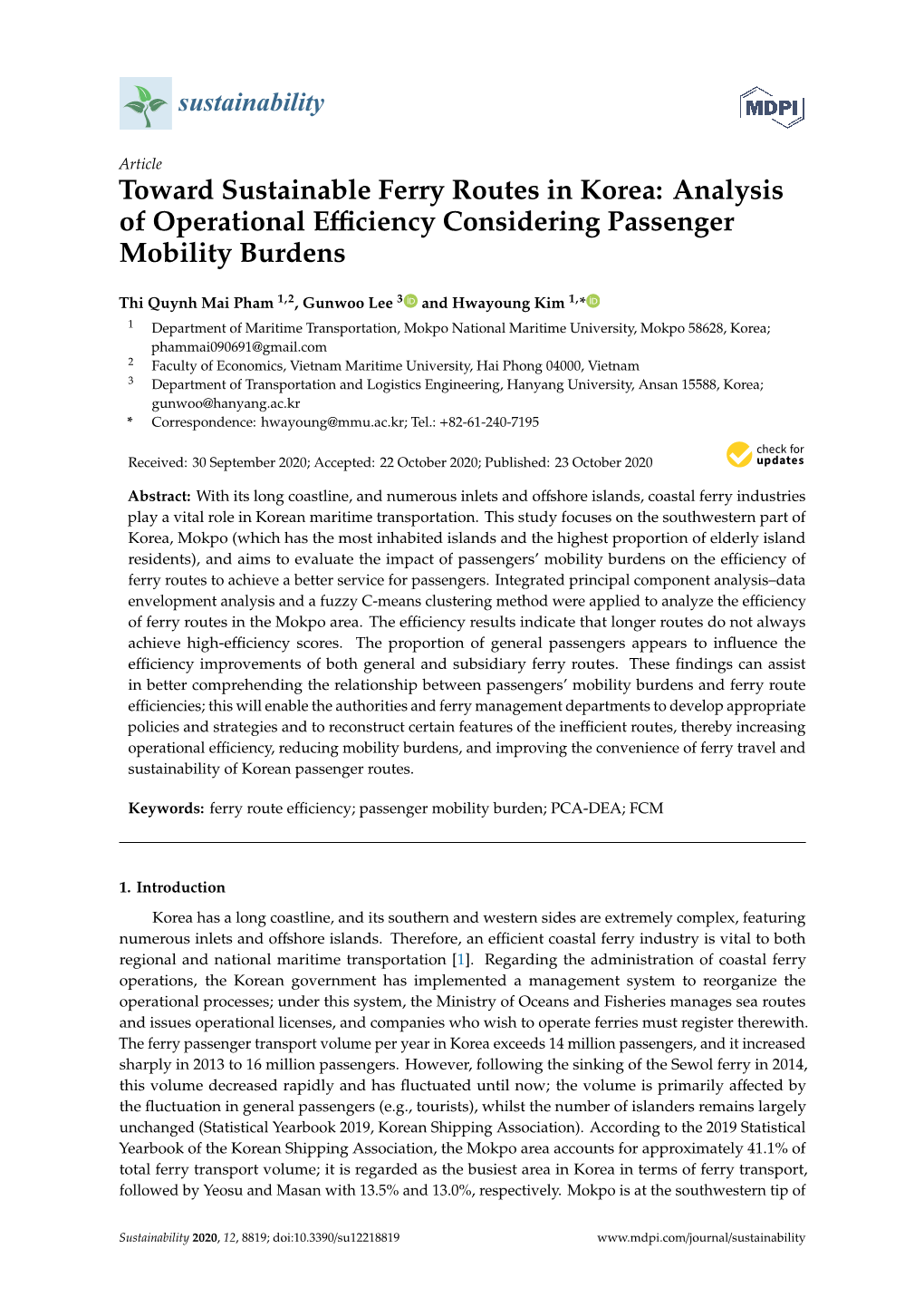 Toward Sustainable Ferry Routes in Korea: Analysis of Operational Eﬃciency Considering Passenger Mobility Burdens