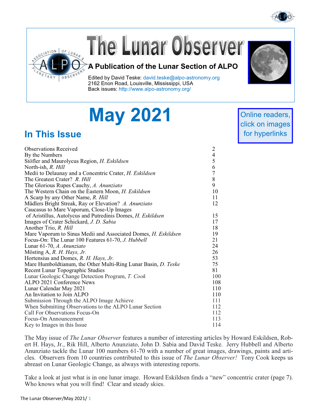 May 2021 the Lunar Observer by the Numbers