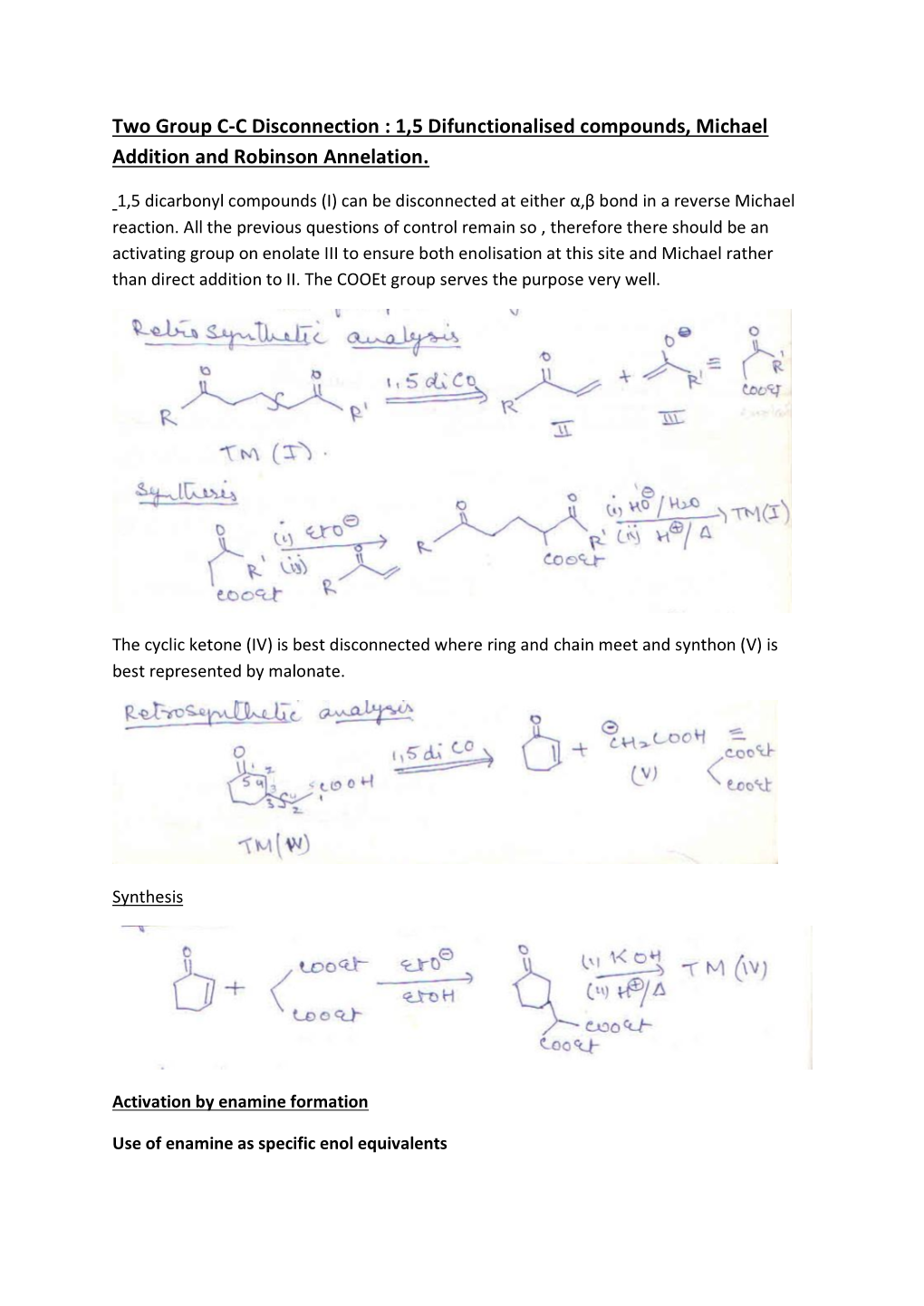 1,5 Difunctionalised Compounds, Michael Addition and Robinson Annelation