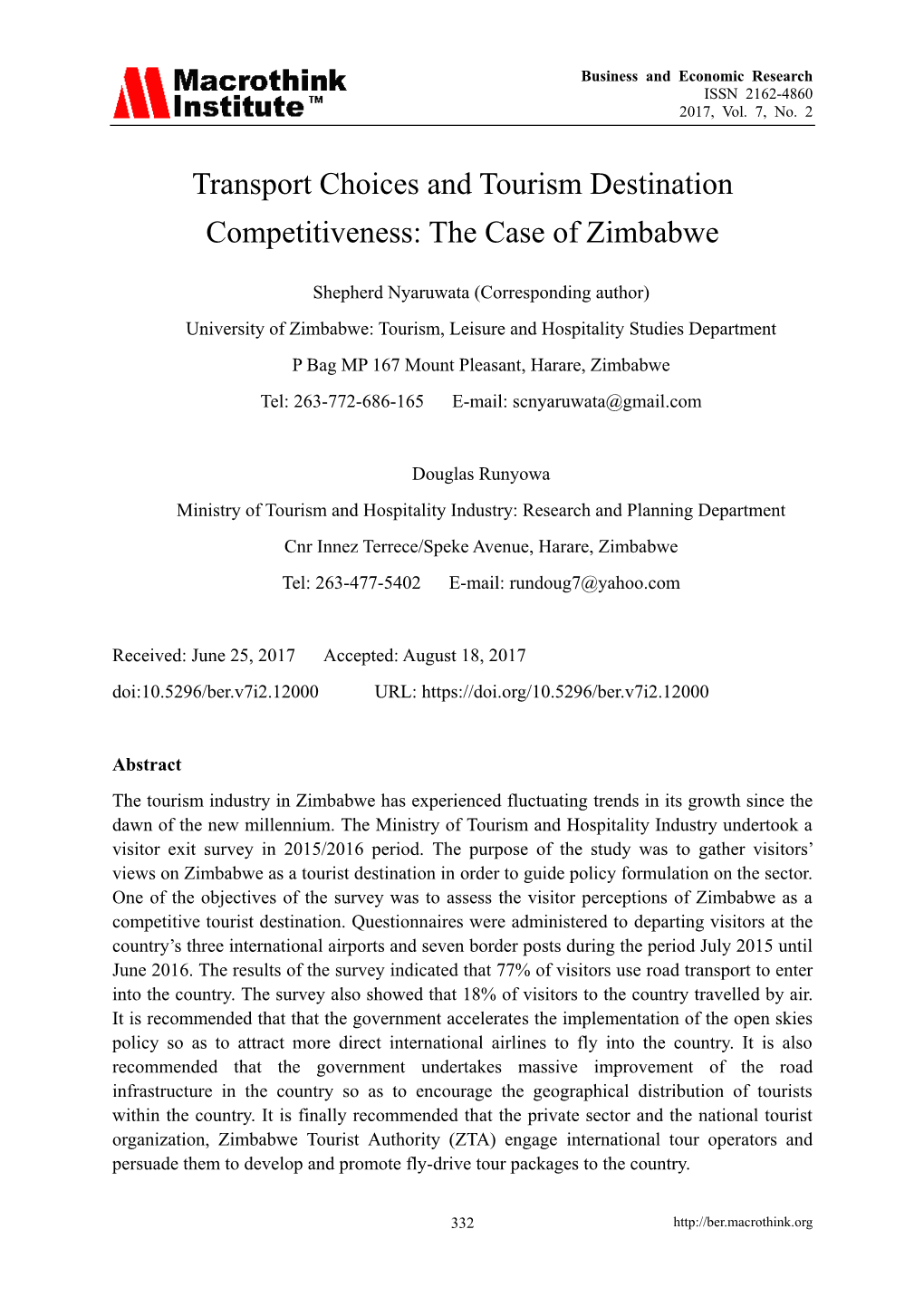 Transport Choices and Tourism Destination Competitiveness: the Case of Zimbabwe