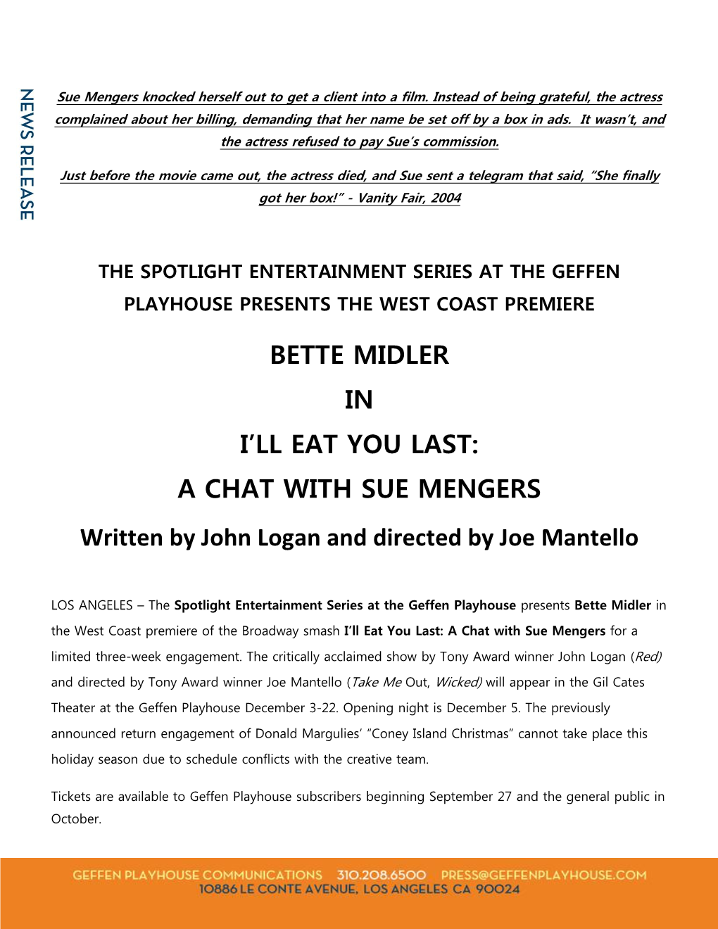 Bette Midler in I'll Eat You Last: a Chat with Sue