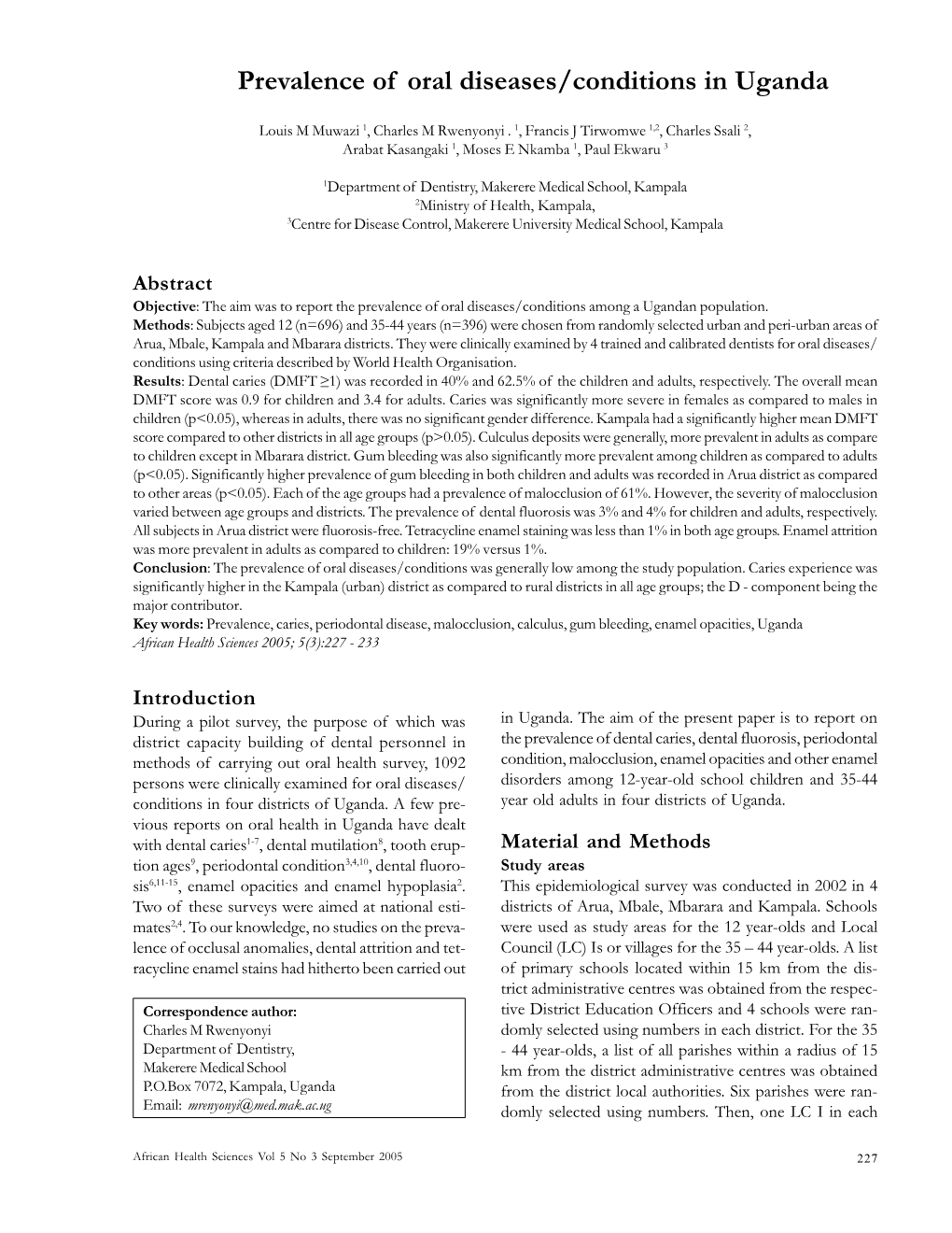 Prevalence of Oral Diseases/Conditions in Uganda