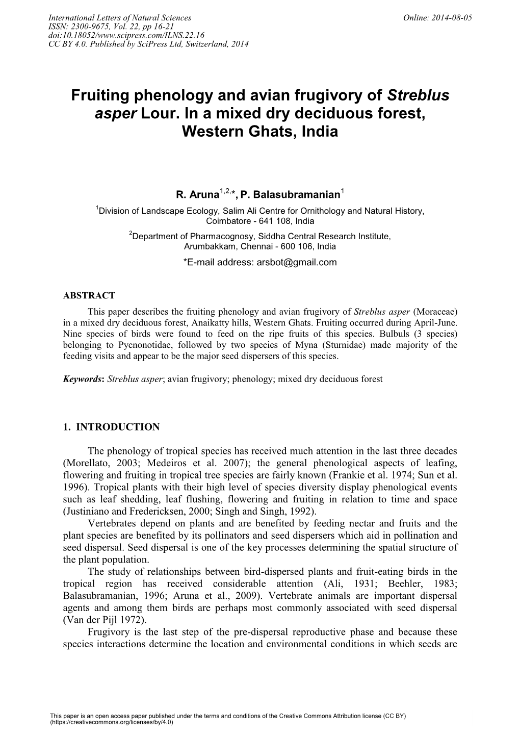 Fruiting Phenology and Avian Frugivory of Streblus Asper Lour. in a Mixed Dry Deciduous Forest, Western Ghats, India