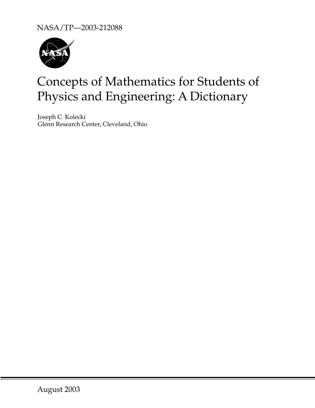 Concepts of Mathematics for Students of Physics and Engineering: a Dictionary