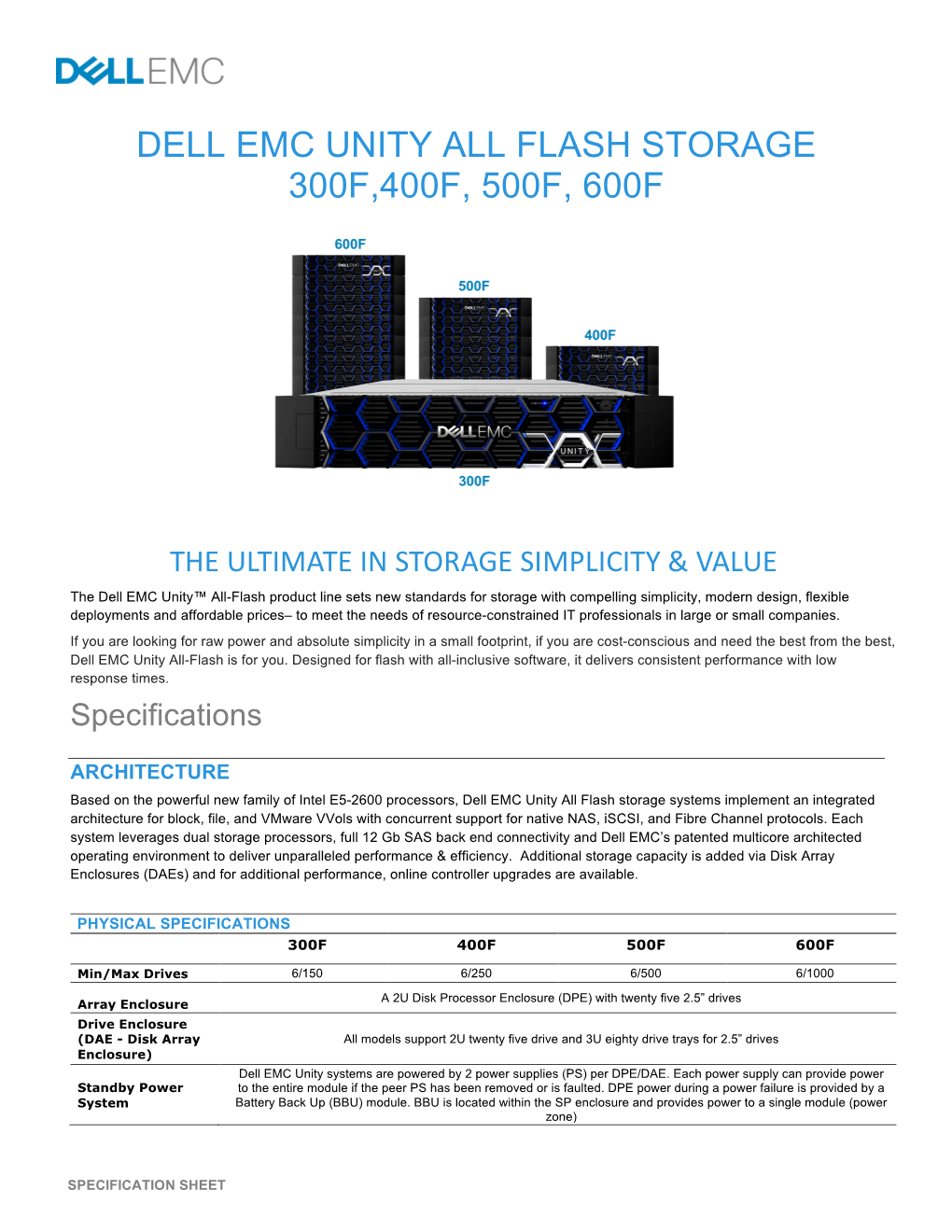 Dell Emc Unity All Flash Storage 300F,400F, 500F, 600F