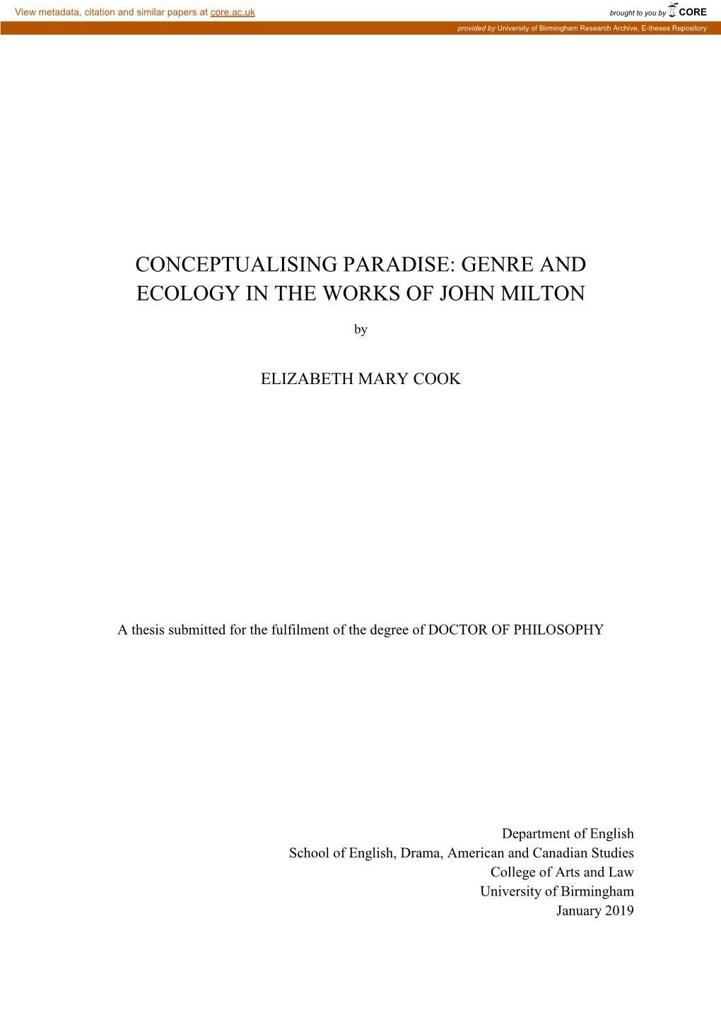 Conceptualising Paradise: Genre and Ecology in the Works of John Milton