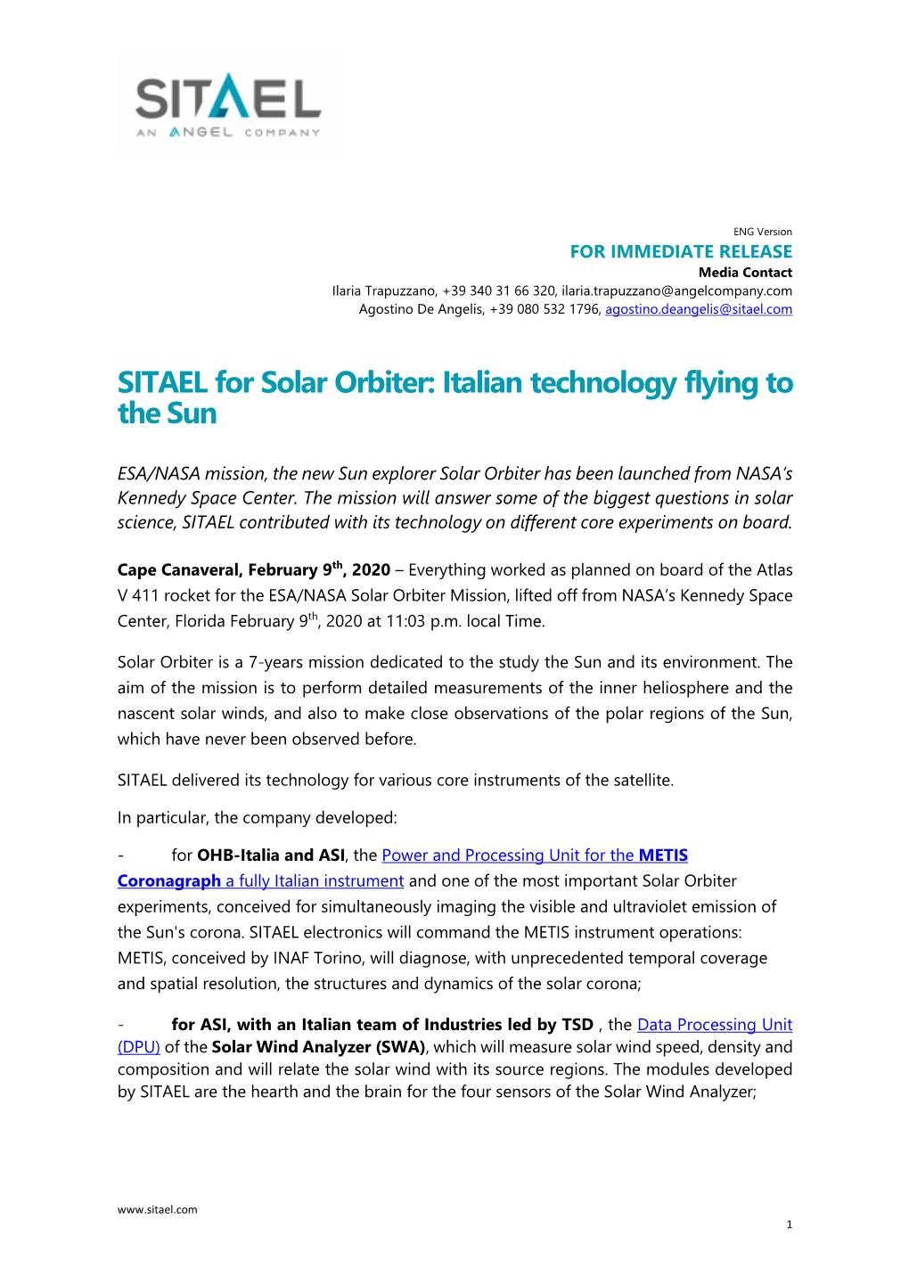 SITAEL for Solar Orbiter: Italian Technology Flying to the Sun