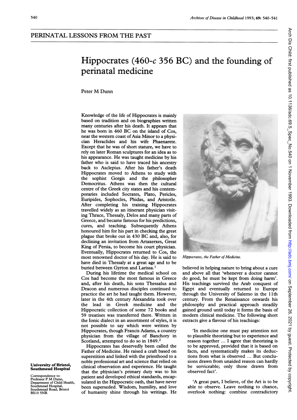 Hippocrates (460-C 356 BC) and the Founding of Perinatal Medicine