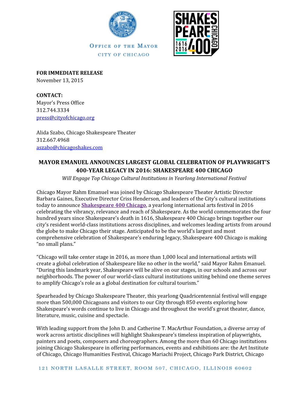 SHAKESPEARE 400 CHICAGO Will Engage Top Chicago Cultural Institutions in Yearlong International Festival