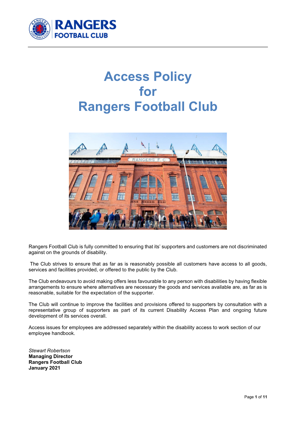 Access Policy for Rangers Football Club