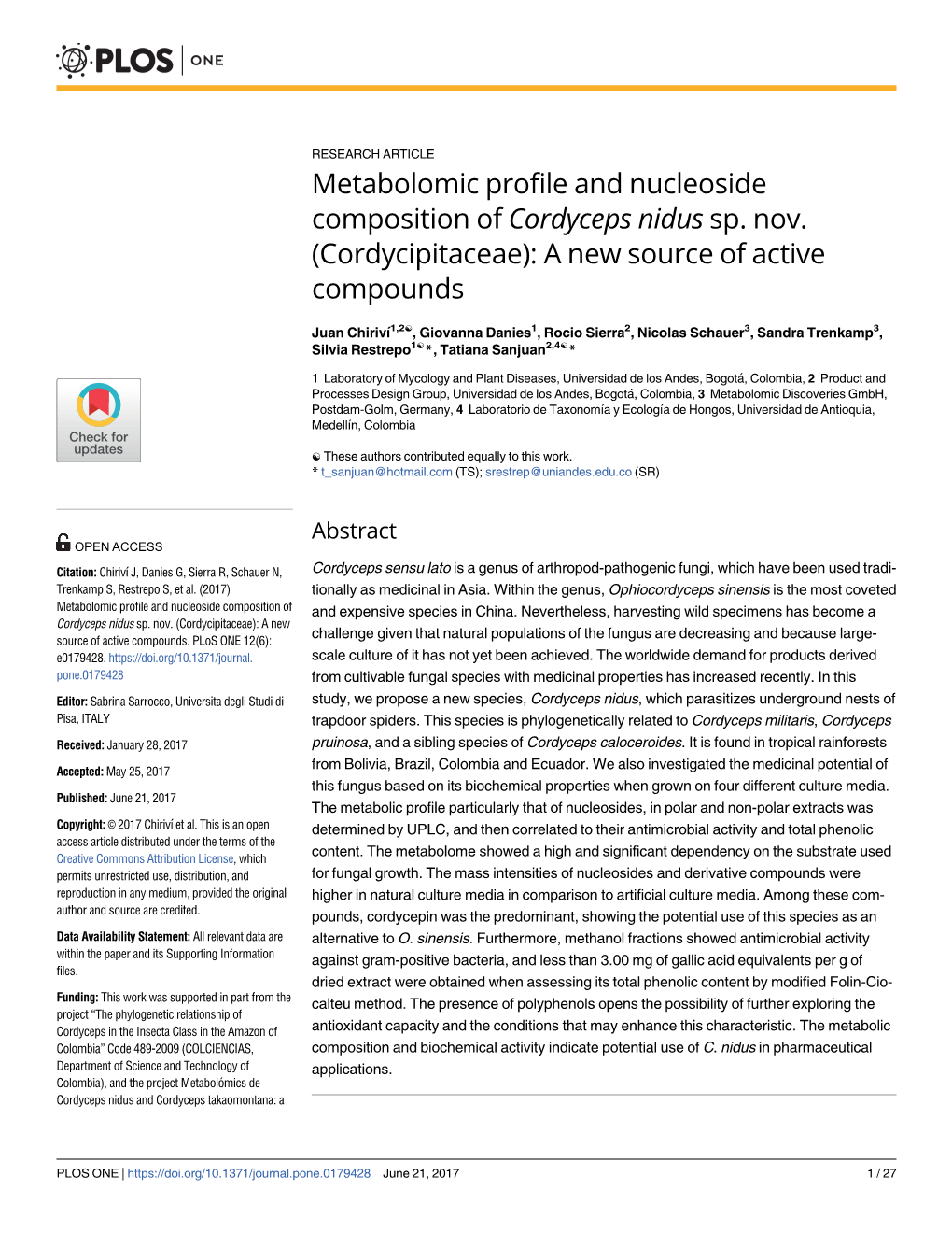 Metabolomic Profile and Nucleoside Composition of Cordyceps Nidus Sp. Nov. (Cordycipitaceae): a New Source of Active Compounds