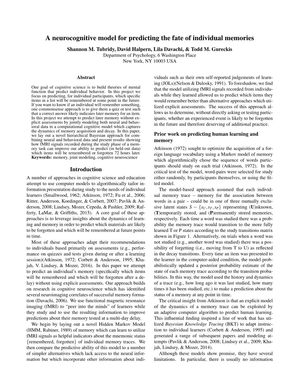 A Neurocognitive Model for Predicting the Fate of Individual Memories Shannon M