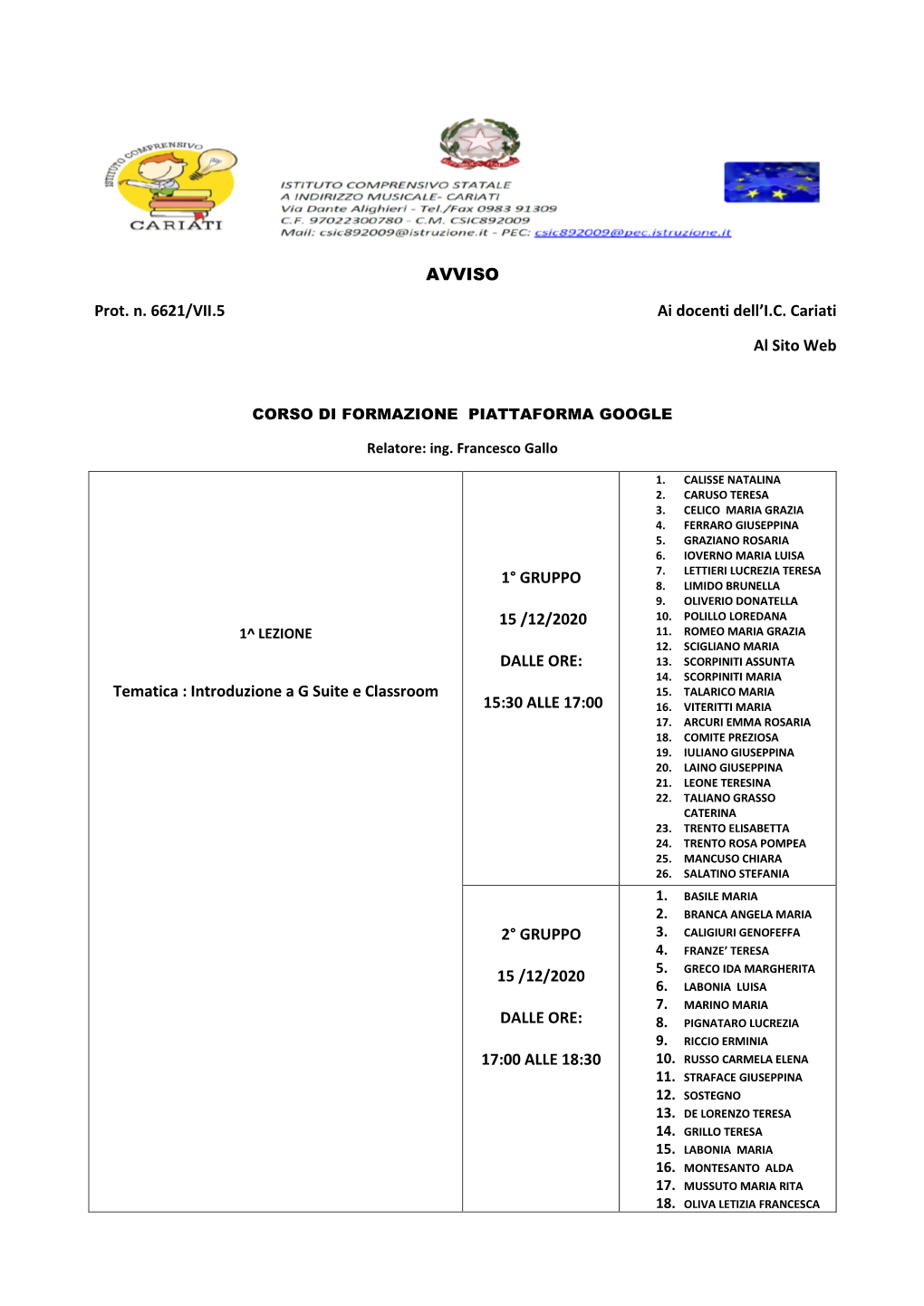 AVVISO Prot. N. 6621/VII.5 Ai Docenti Dell'i.C. Cariati Al Sito Web