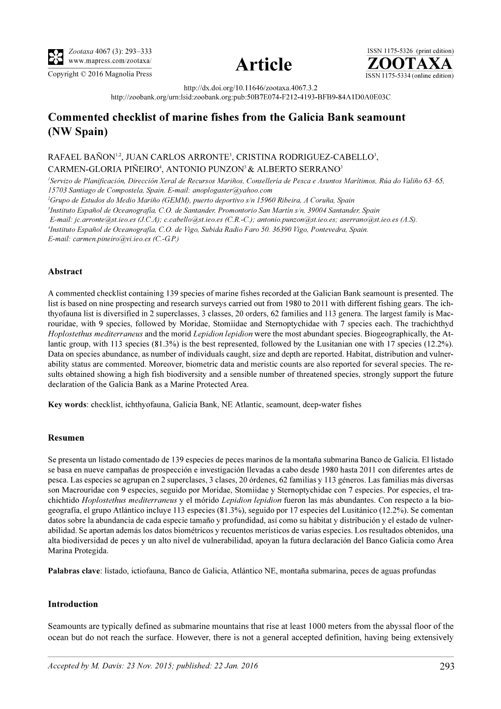 Commented Checklist of Marine Fishes from the Galicia Bank Seamount (NW Spain)