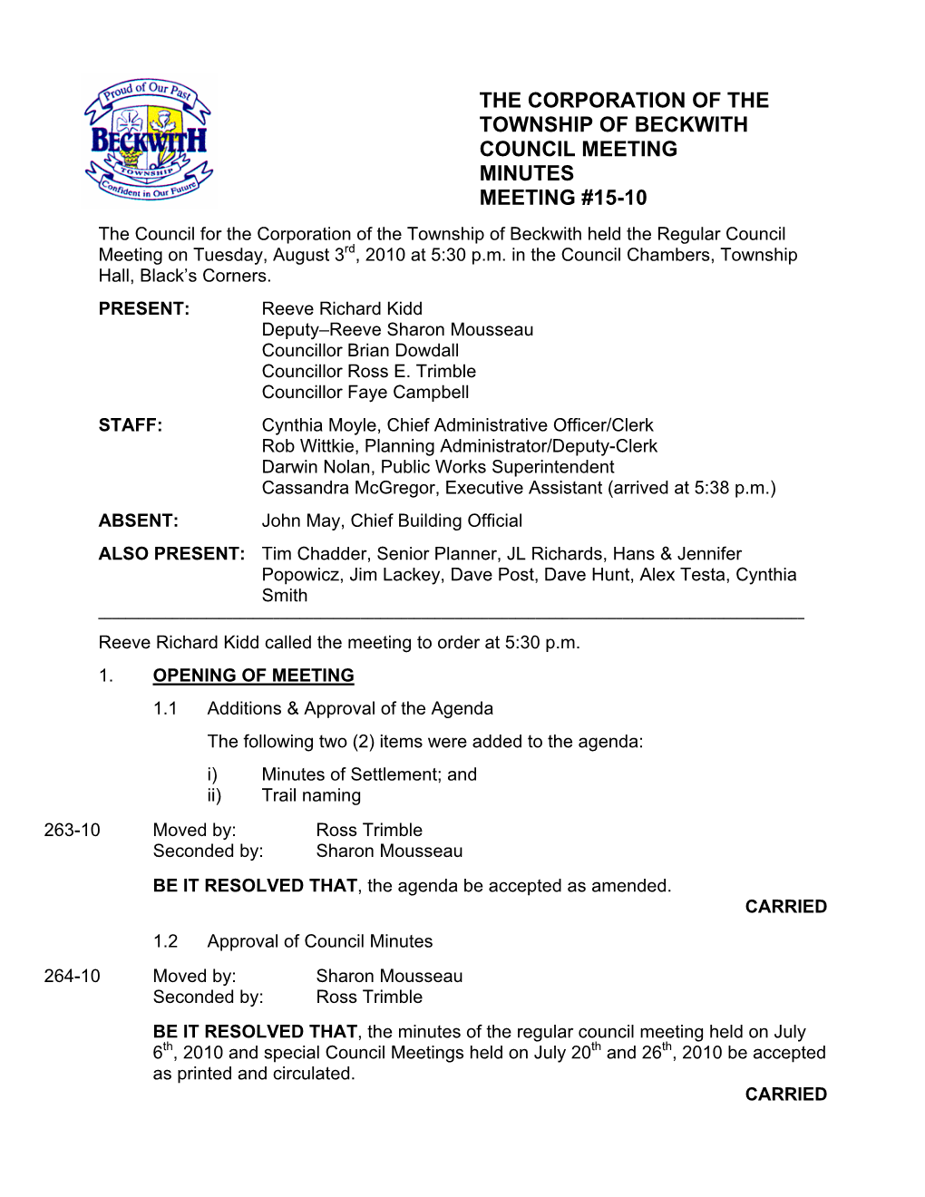 The Corporation of the Township of Beckwith Council Meeting Minutes Meeting #15-10