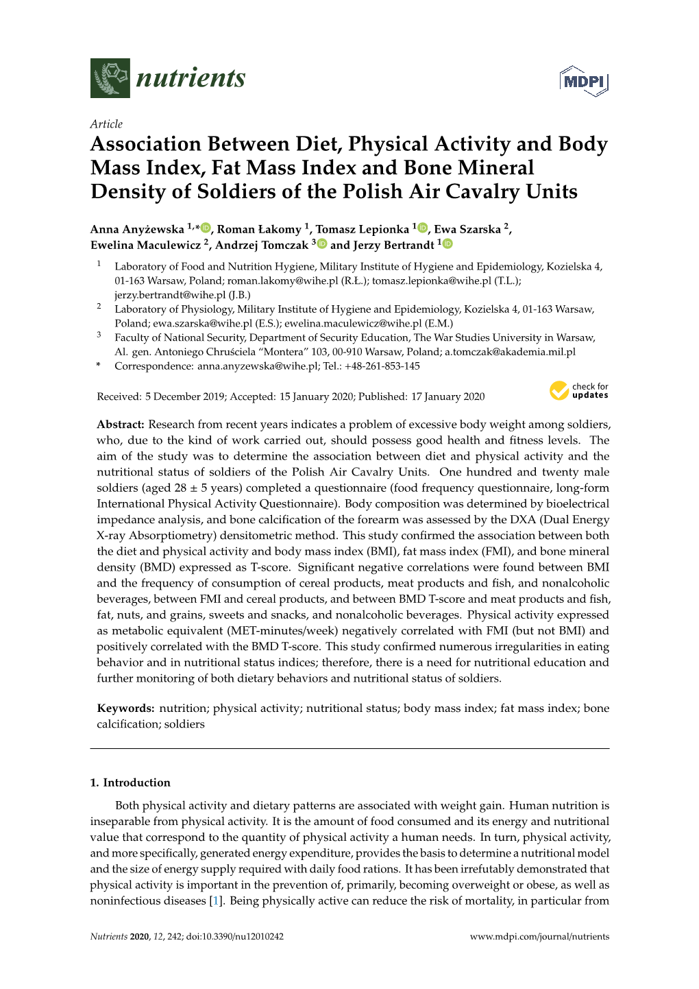 Association Between Diet, Physical Activity and Body Mass Index, Fat Mass Index and Bone Mineral Density of Soldiers of the Polish Air Cavalry Units