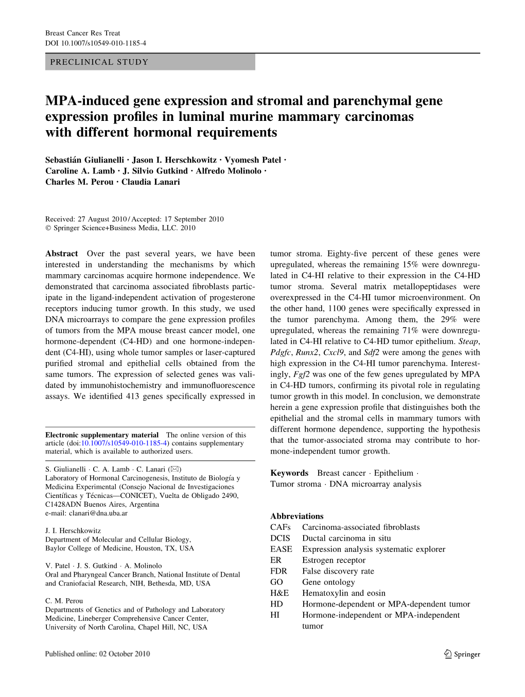 MPA-Induced Gene Expression and Stromal and Parenchymal Gene Expression Proﬁles in Luminal Murine Mammary Carcinomas with Different Hormonal Requirements