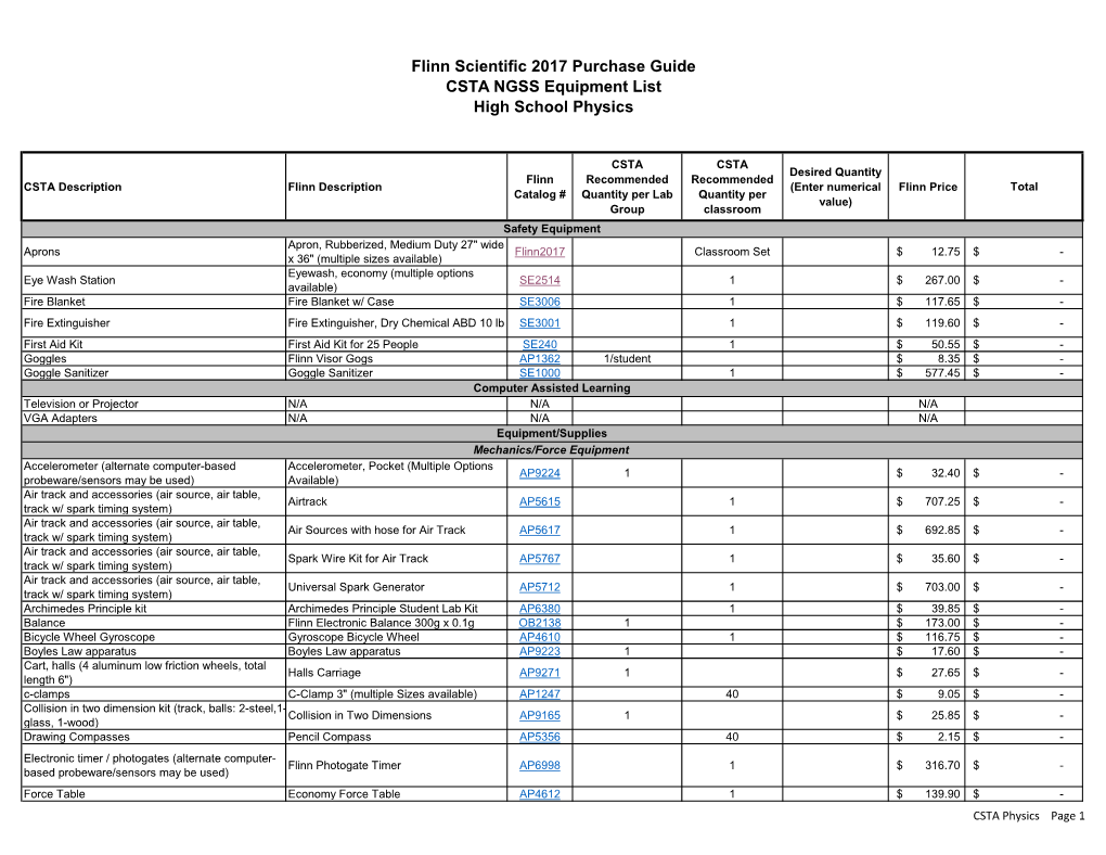 Flinn Scientific 2017 Purchase Guide CSTA NGSS Equipment List High School Physics