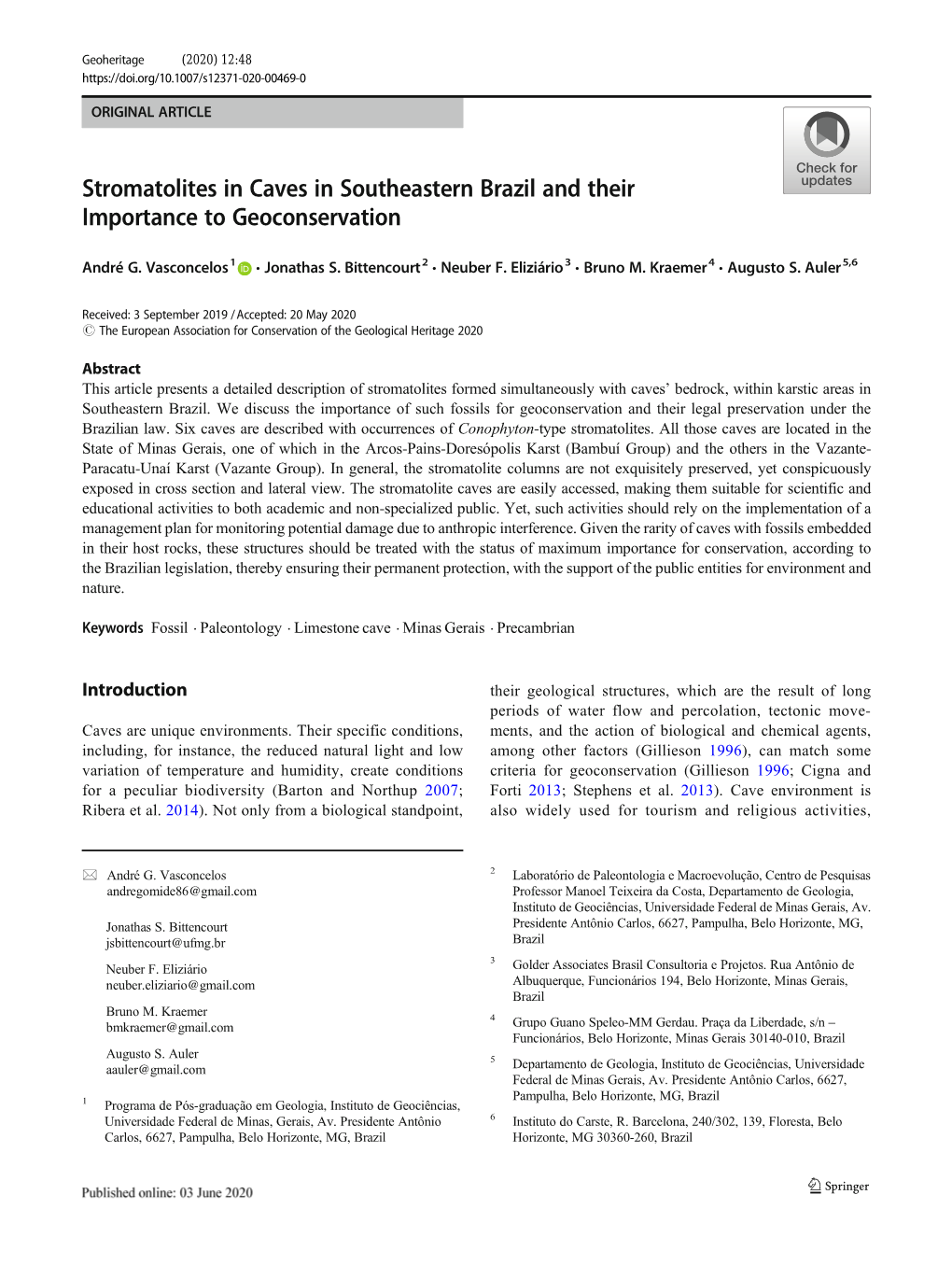 Stromatolites in Caves in Southeastern Brazil and Their Importance to Geoconservation