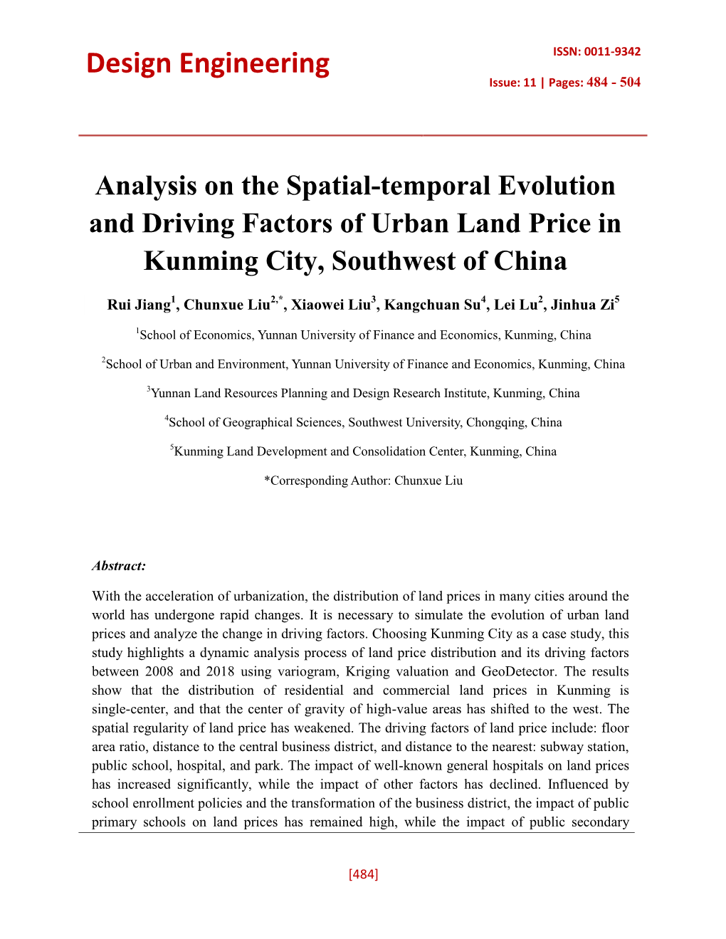 Analysis on the Spatial-Temporal Evolution and Driving Factors of Urban Land Price in Kunming City, Southwest of China