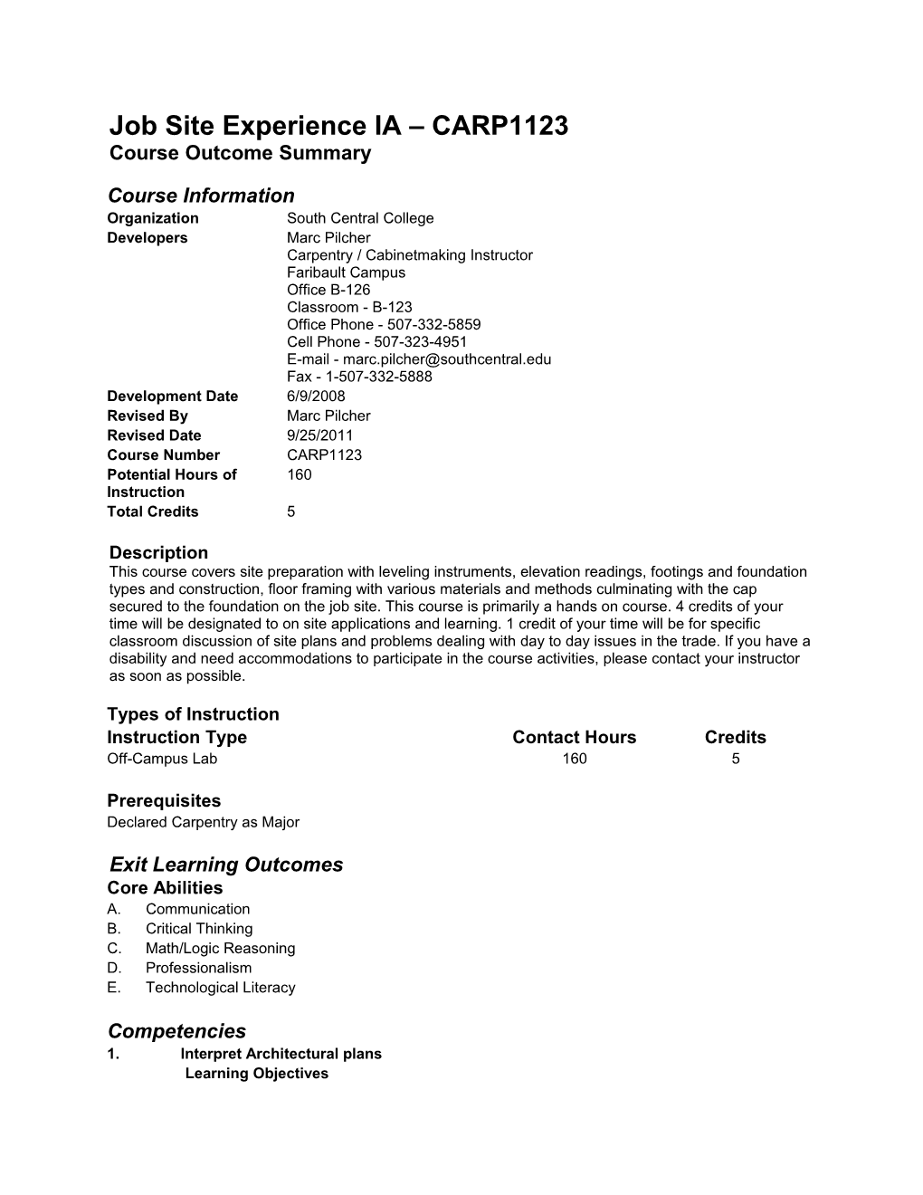 Job Site Experience IA CARP1123 Course Outcome Summary