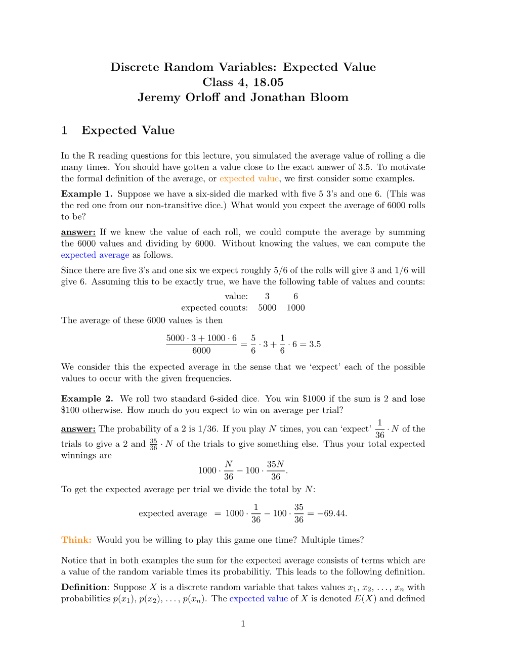 Reading 4B: Discrete Random Variables: Expected Value