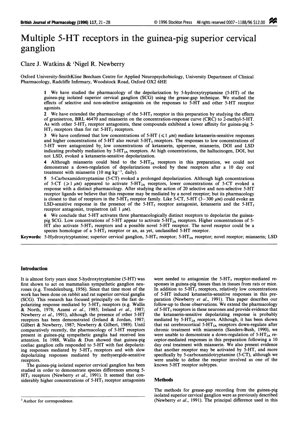 Multiple 5-HT Receptors in the Guinea-Pig Superior Cervical Ganglion Clare J