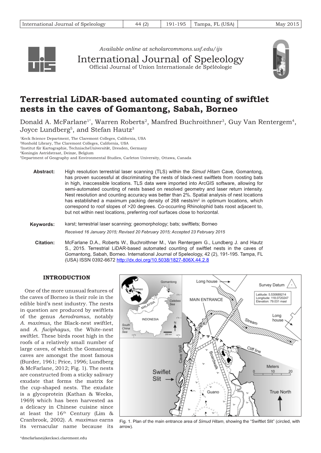 Terrestrial Lidar-Based Automated Counting of Swiftlet Nests in the Caves of Gomantong, Sabah, Borneo Donald A