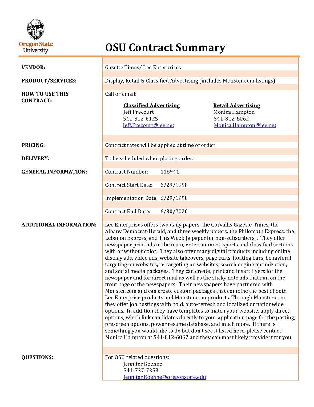 OSU Contract Summary