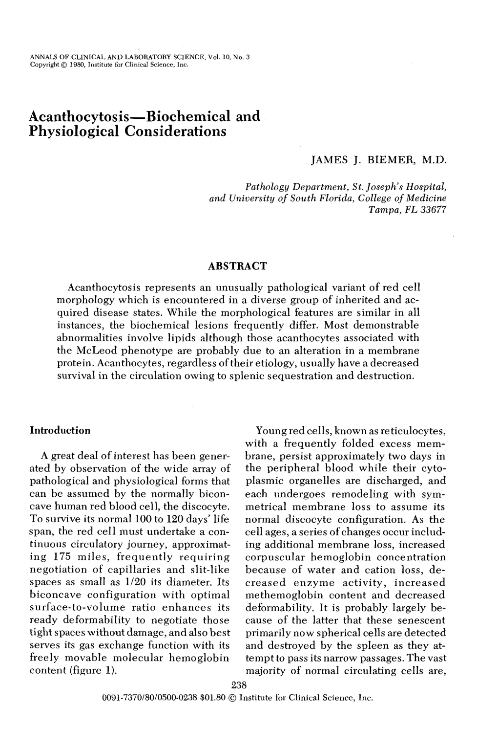 Acanthocytosis—Biochemical and Physiological Considerations