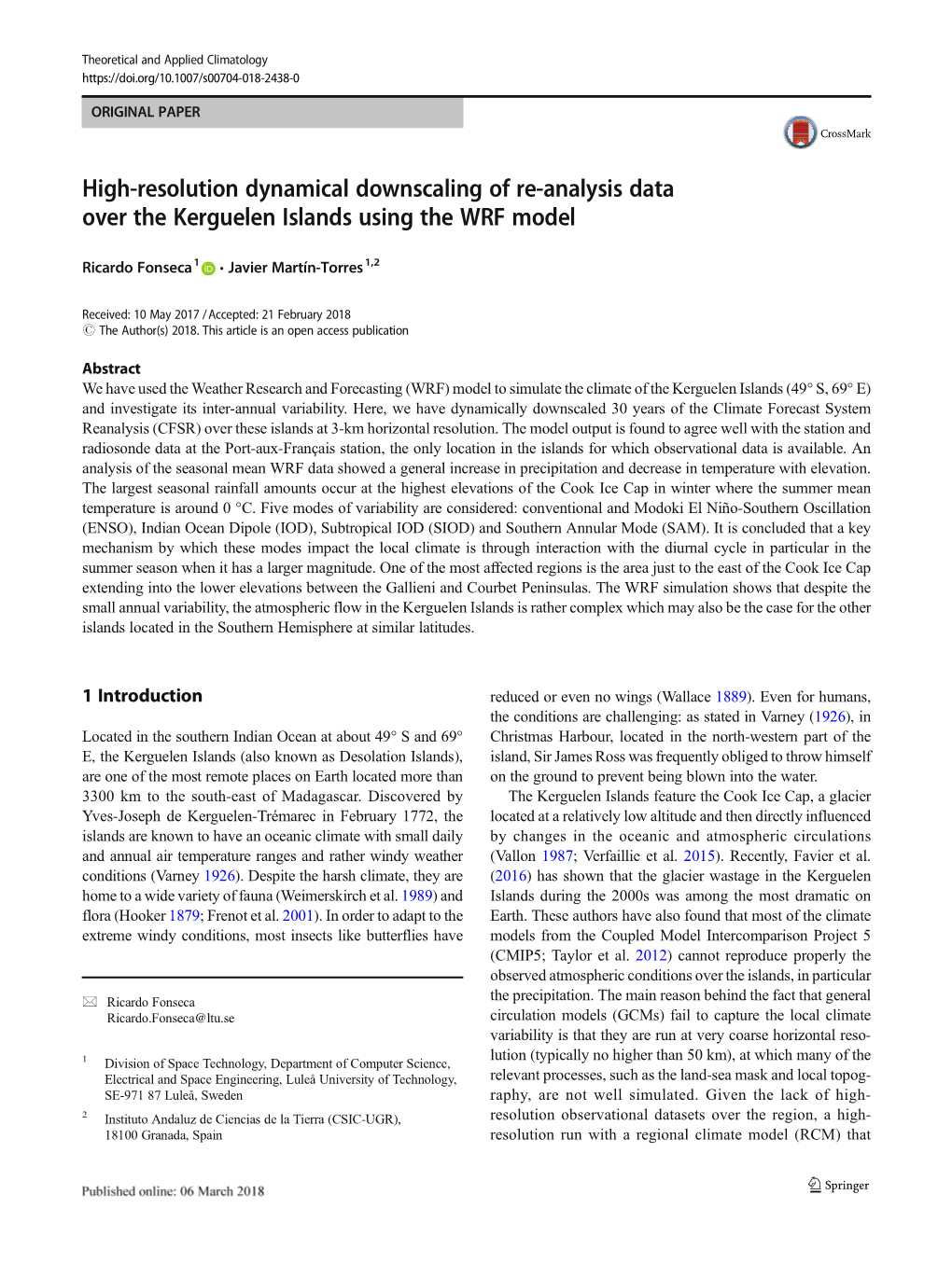 High-Resolution Dynamical Downscaling of Re-Analysis Data Over the Kerguelen Islands Using the WRF Model