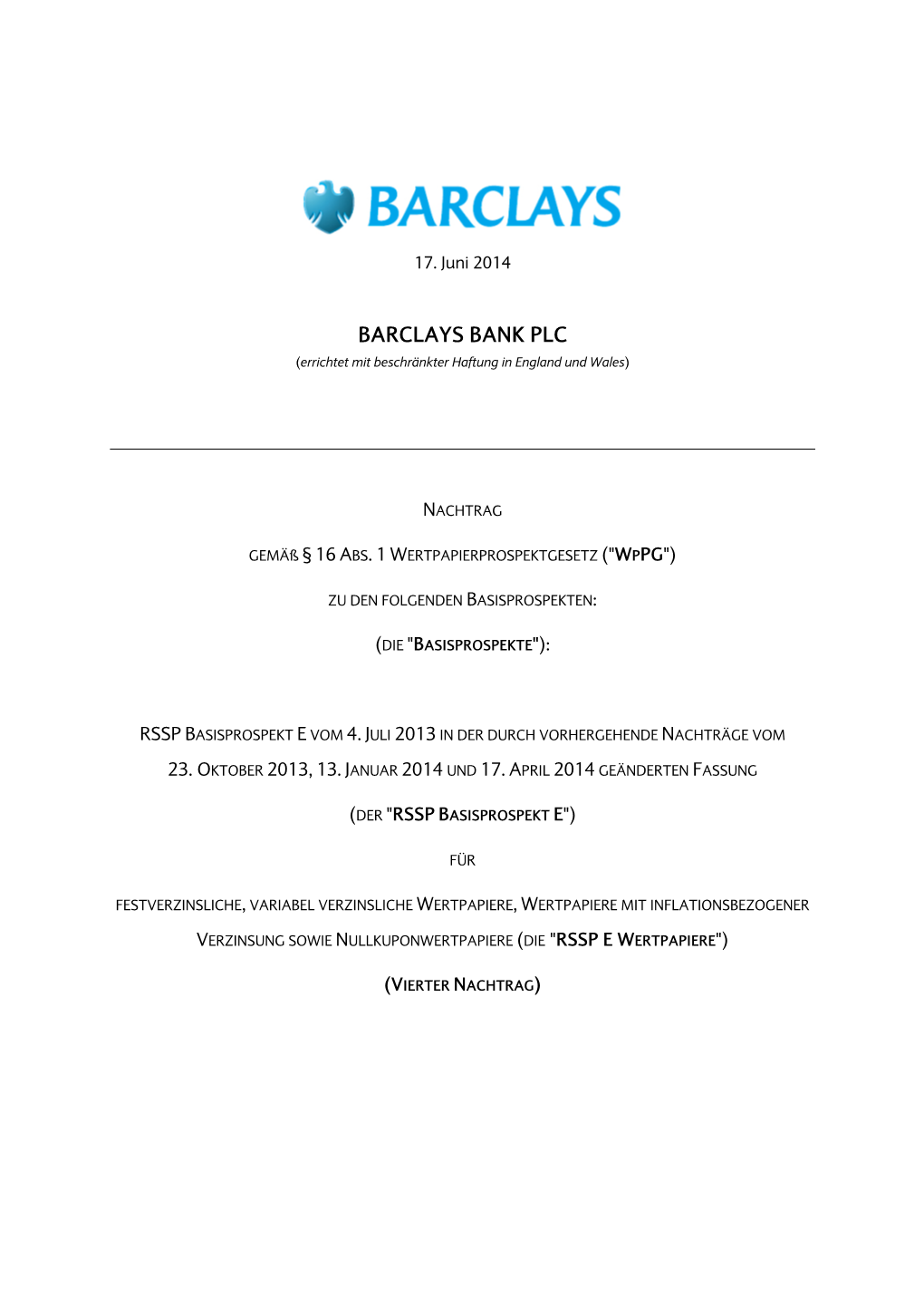 BARCLAYS BANK PLC (Errichtet Mit Beschränkter Haftung in England Und Wales)